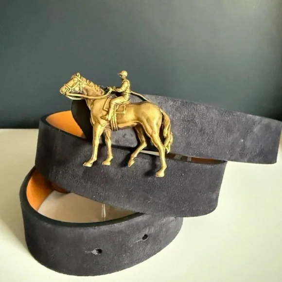 Polo Ralph Lauren Navy Suede Equestrian Belt Gold Horse Buckle Italy Sz 38 - Picture 10 of 17
